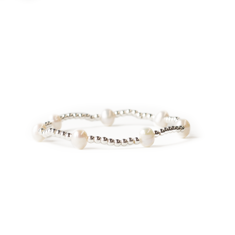 Silver Plated Dot Beaded Stretch Bracelet with Pearls