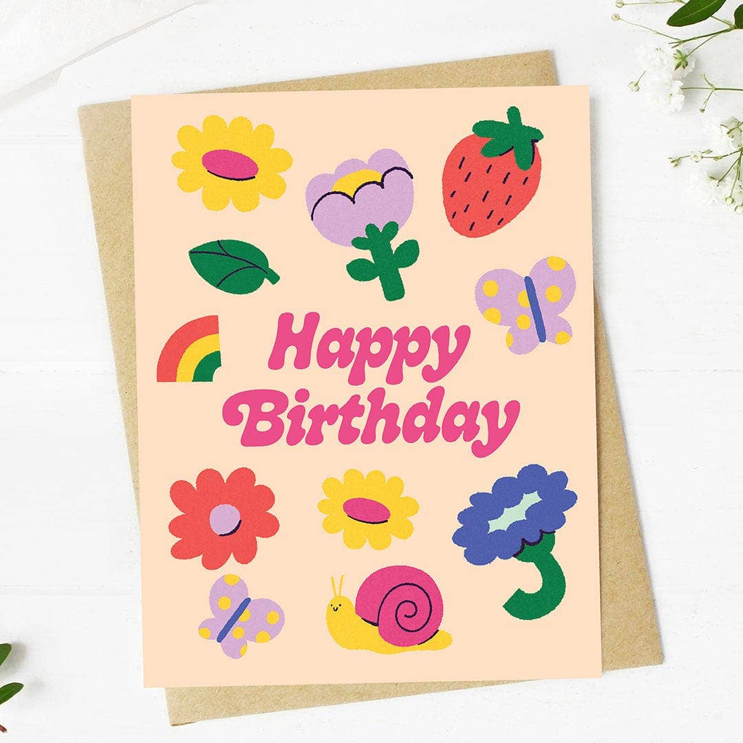 Happy Birthday Flowers & Cute Icons Spring Peach Card