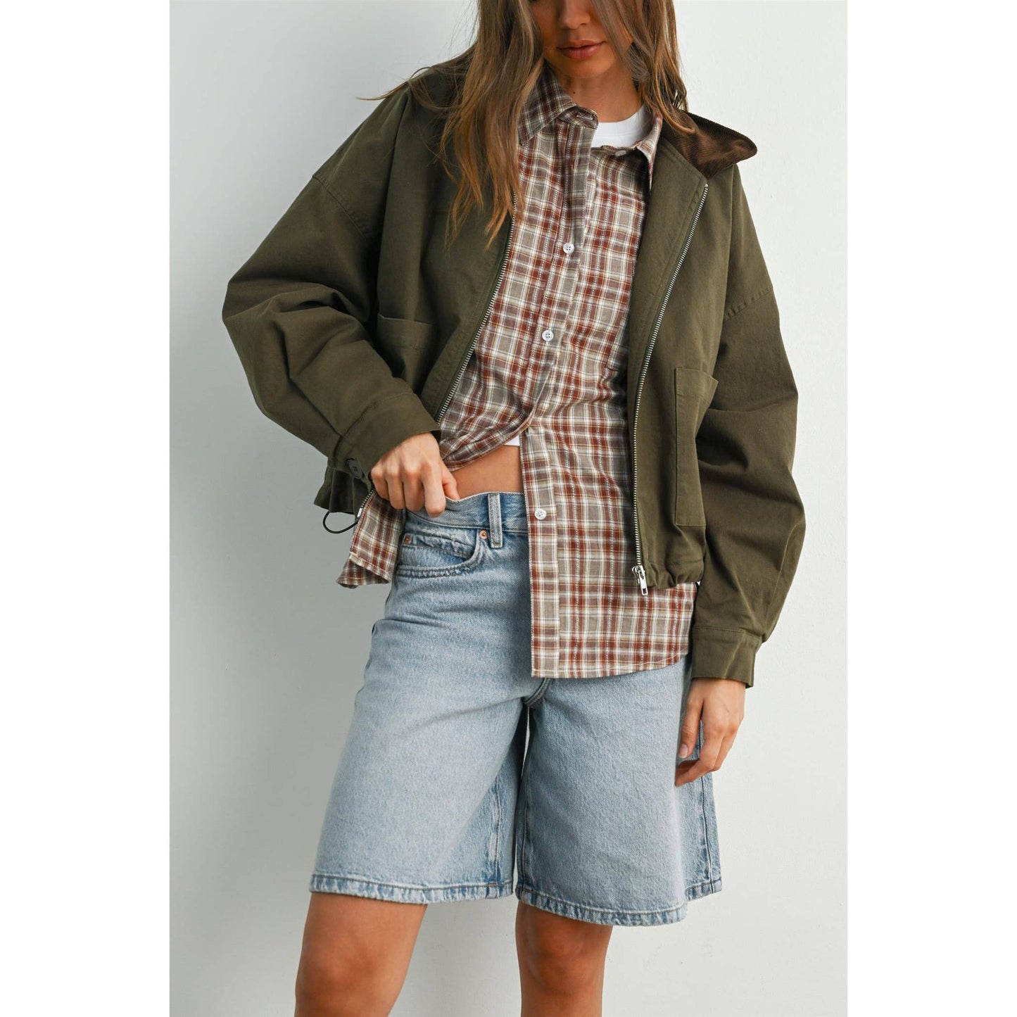 Collared Zip-Up Drawstring Jacket