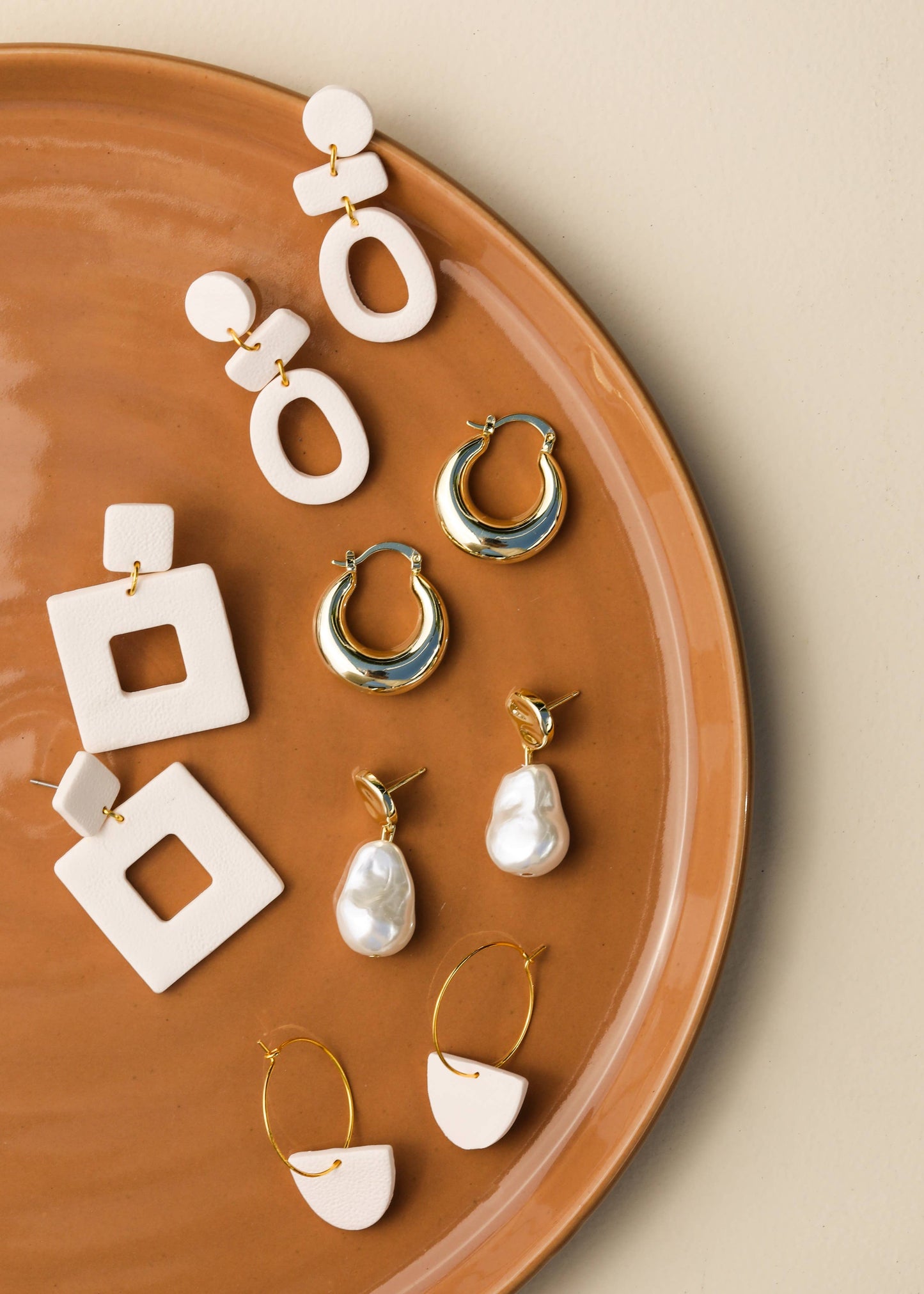 Organic Three Tier Clay Earring - Oat Milk