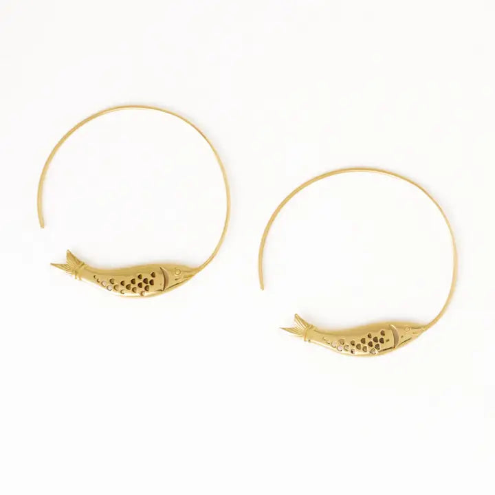 Wren fish hoop earrings brass