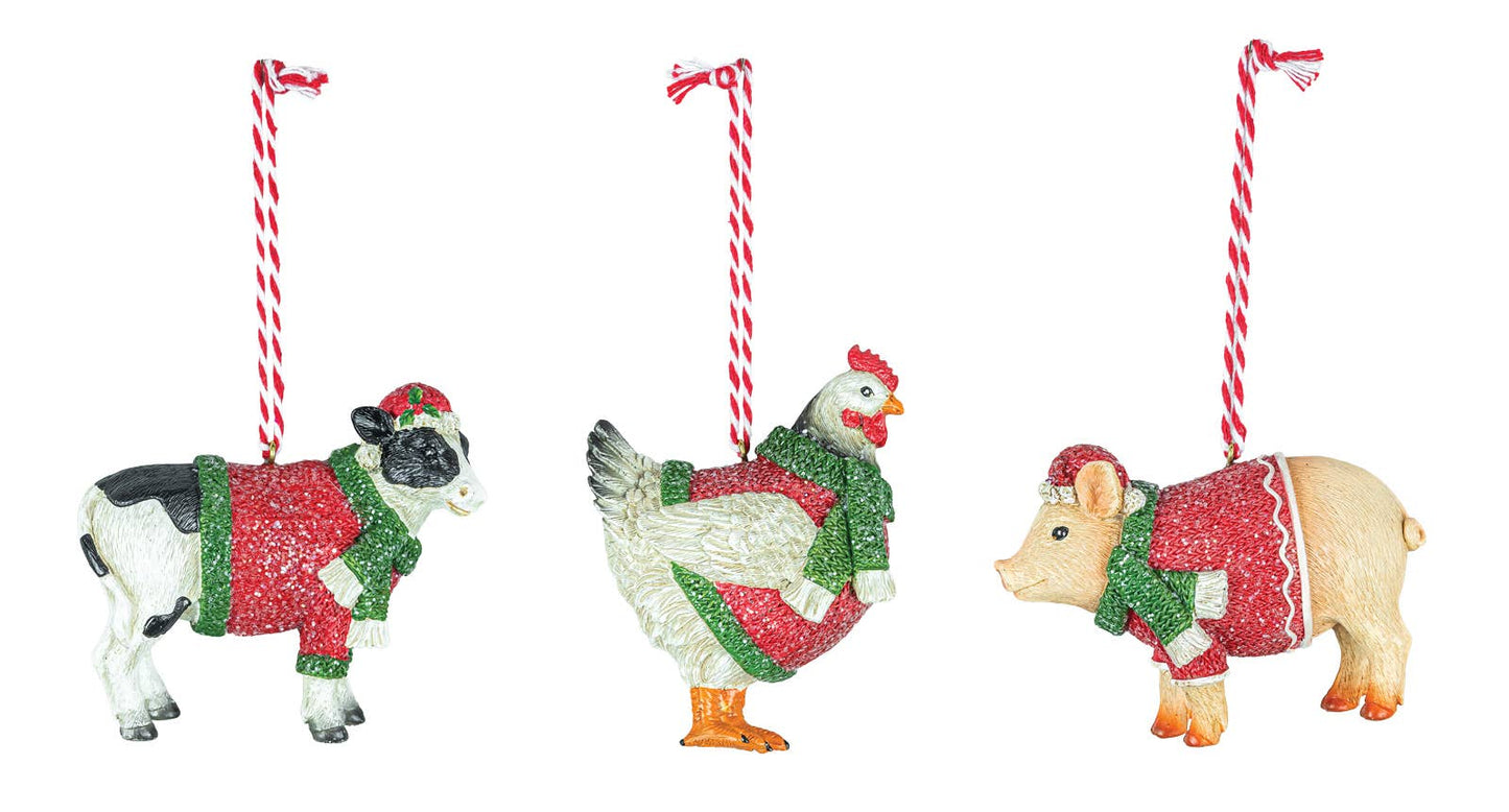 Jolly Christmas Farm Animal Ornament 3 Asst.