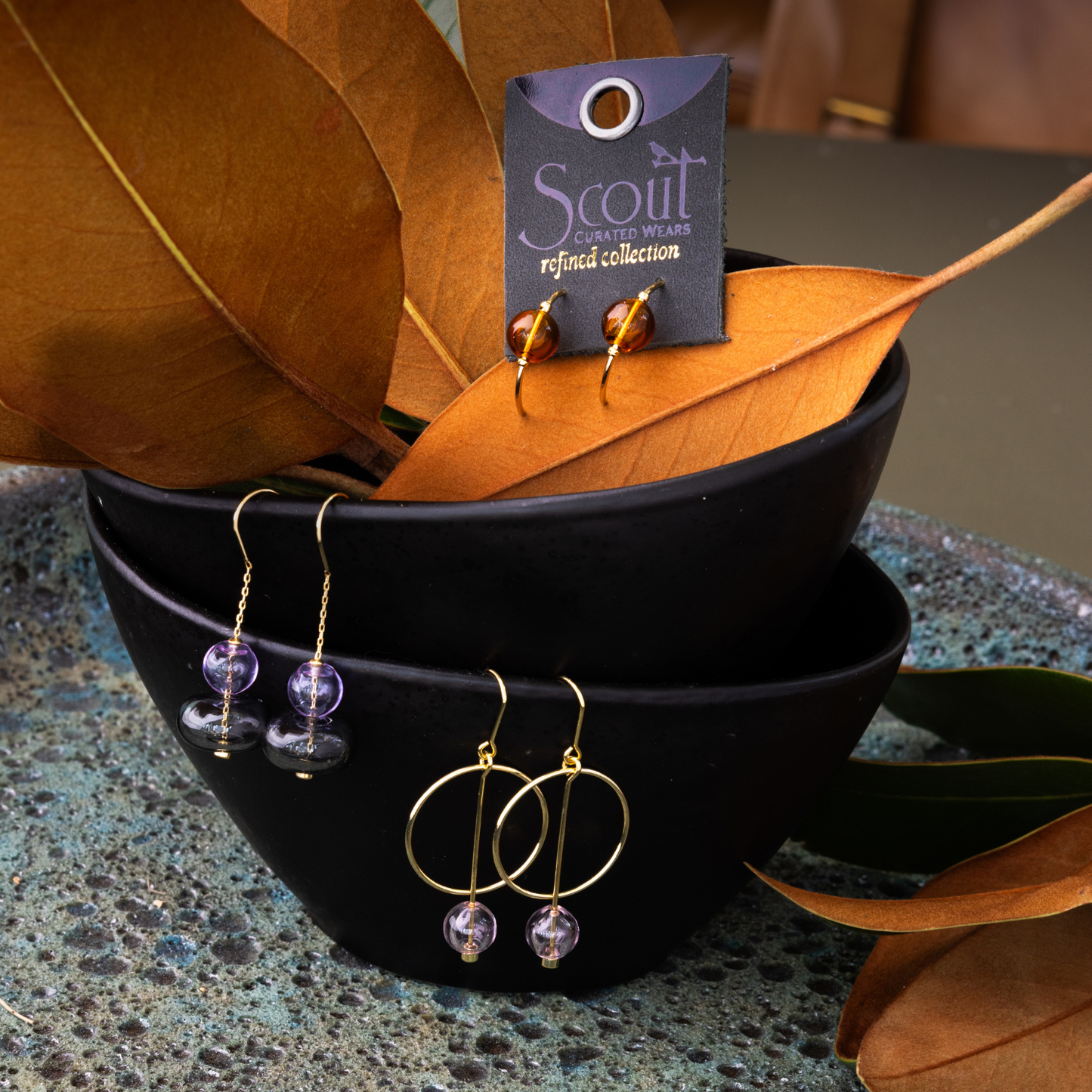 Refined Glass Drop Earrings - Smoke/Gold