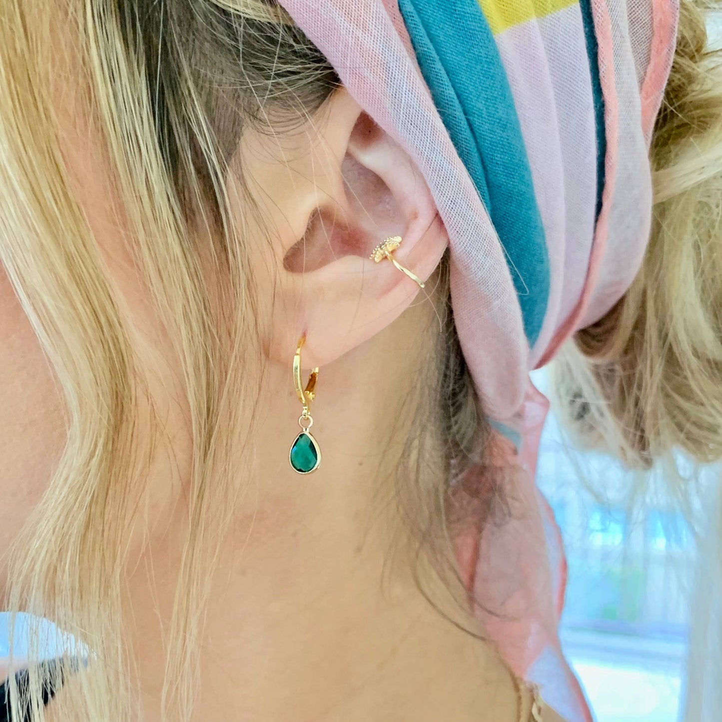TEAL EMERALD GEM HOOPS | gold | faceted gem earrings