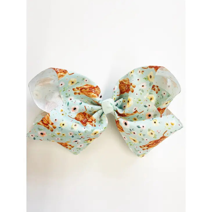 Longhorn Highland Floral Cow 7" Grosgrain Hair Bow Clip