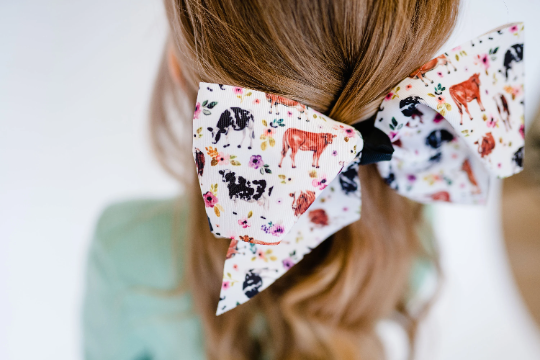 Floral Farm Cow 7” Grosgrain Hair Bow Clip