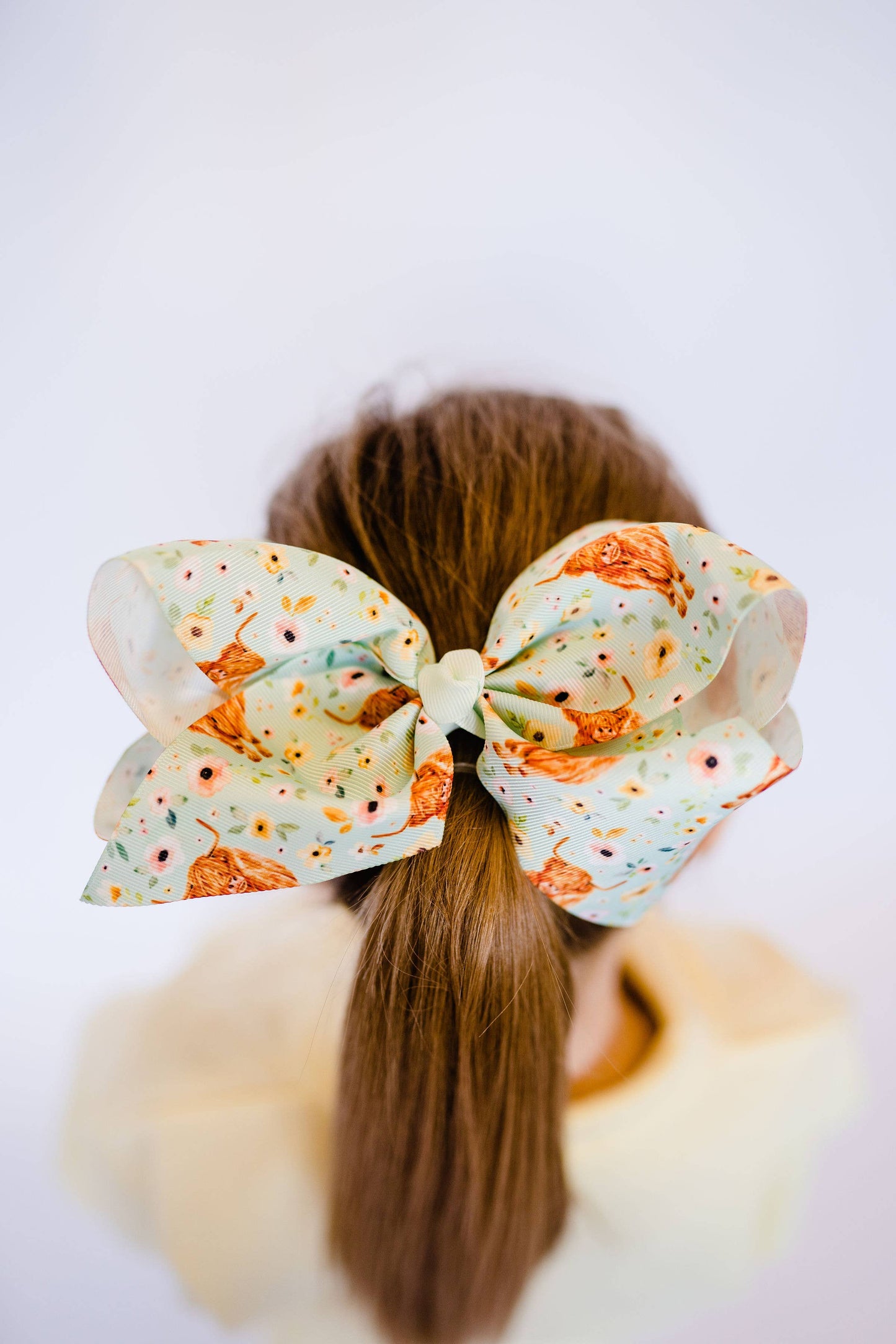 Longhorn Highland Floral Cow 7" Grosgrain Hair Bow Clip