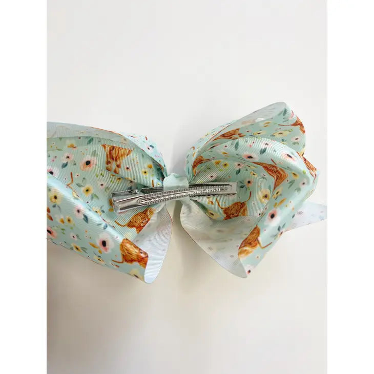 Longhorn Highland Floral Cow 7" Grosgrain Hair Bow Clip