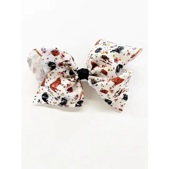 Floral Farm Cow 7” Grosgrain Hair Bow Clip