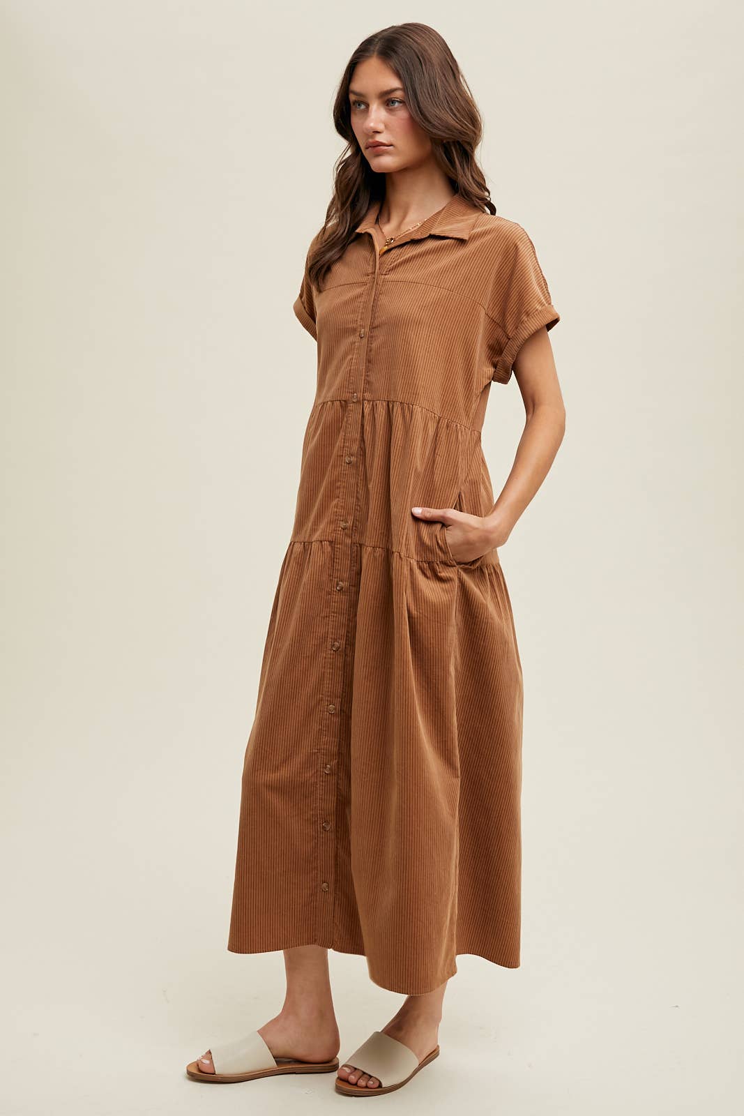 STRIPE CORDUROY BUTTON-UP MIDI DRESS / WL24-9416