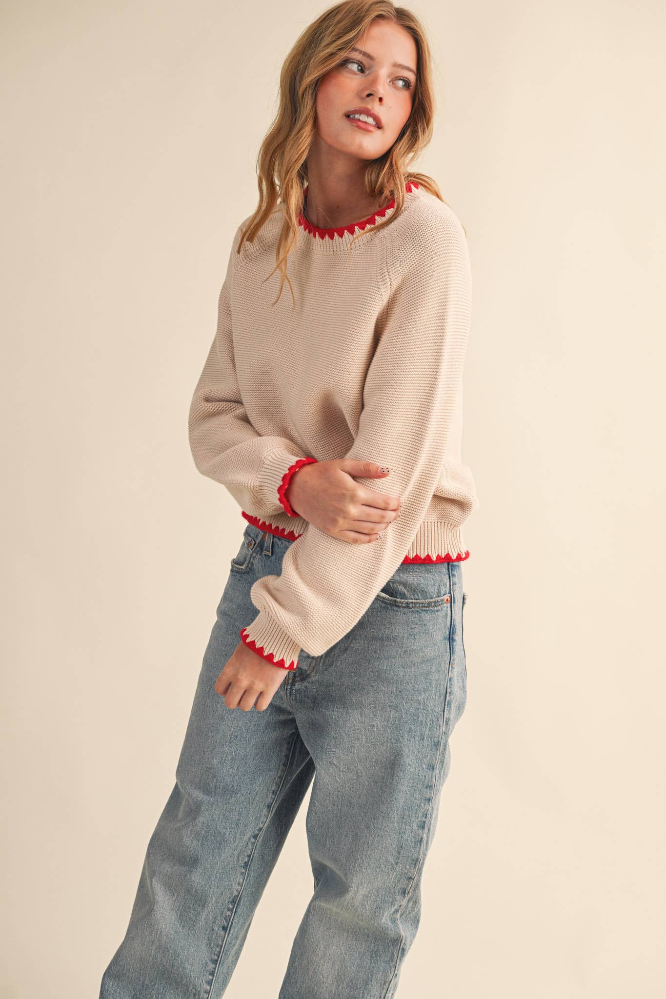 LONG PUFF SLEEVE SWEATER WITH CONTRAST STITCH MSW11083