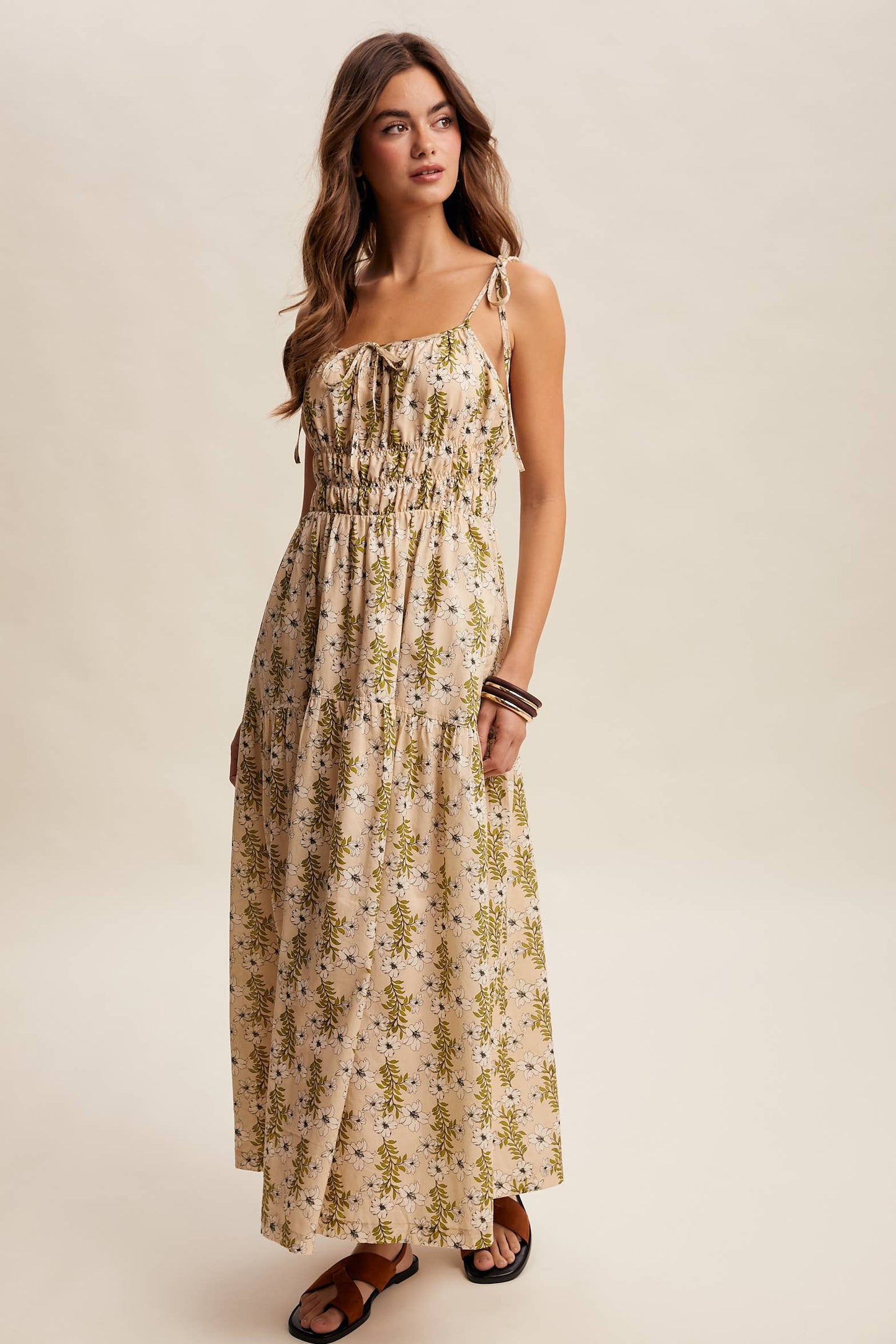 Floral Tie-Strap Smocked Maxi Dress LD1623