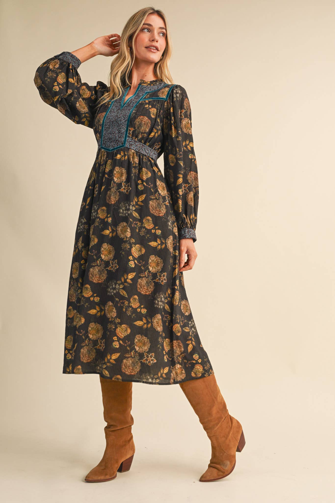 FLORAL PRINT CONTRAST VELVET TRIM MIDI DRESS MDR5304