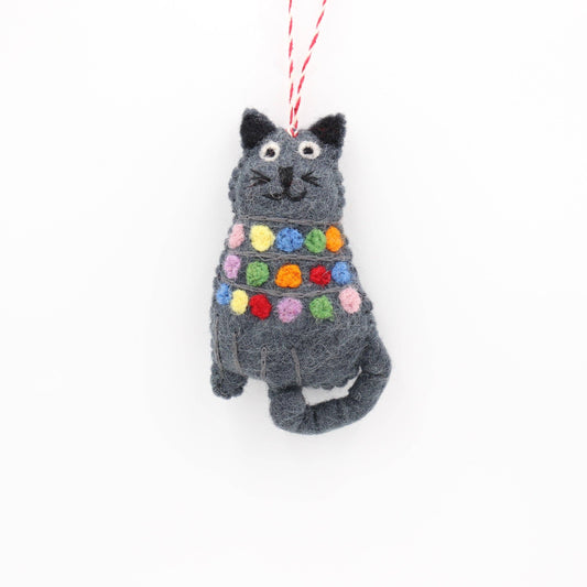 Handmade Black Cat Wool Felt Ornament – Made in Nepal