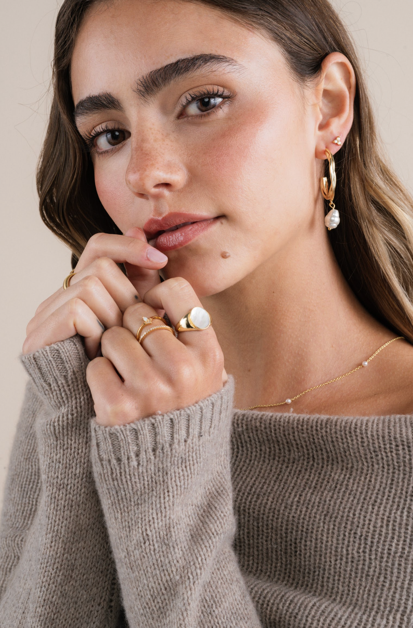 Trio Cluster Gold Earrings - Pearl