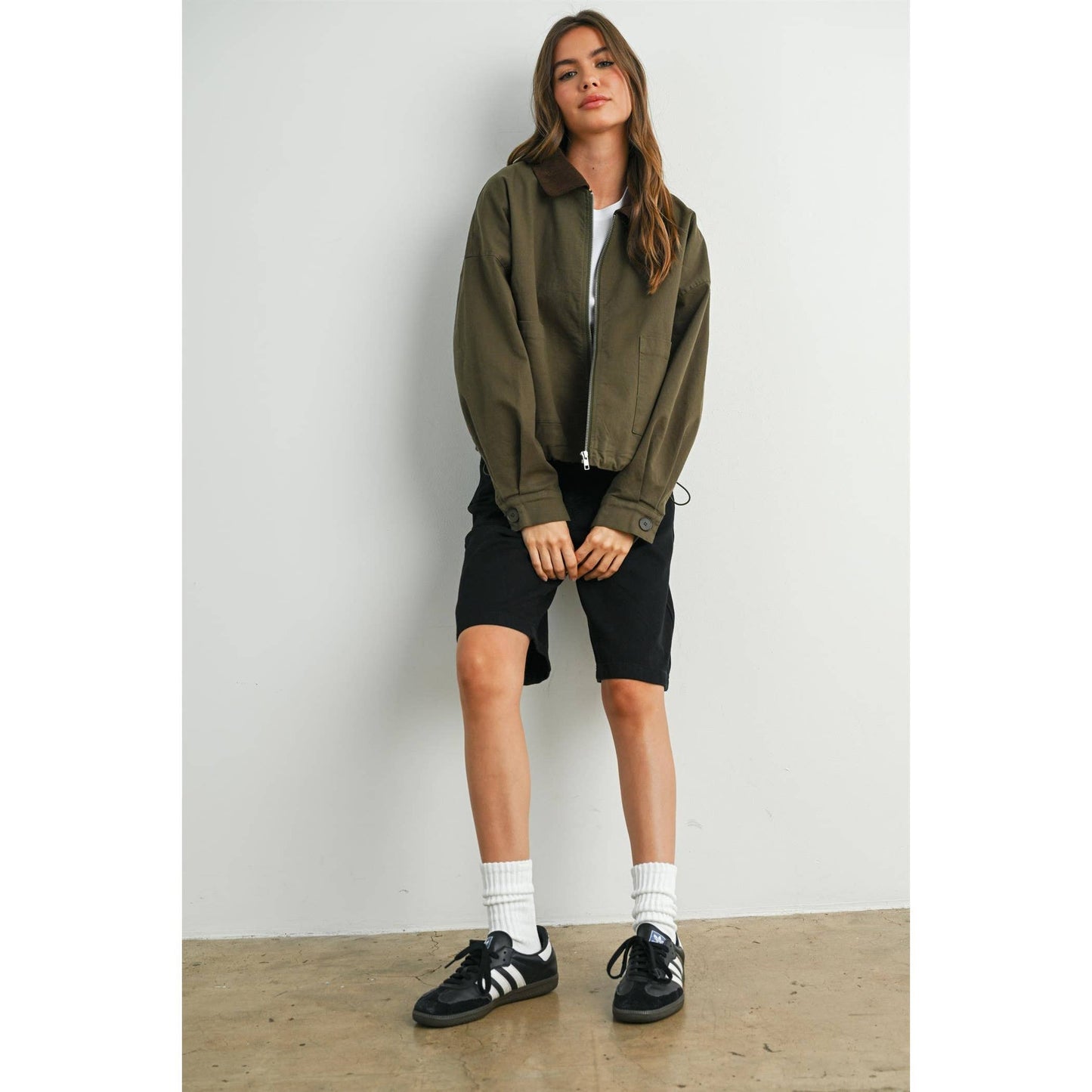 Collared Zip-Up Drawstring Jacket