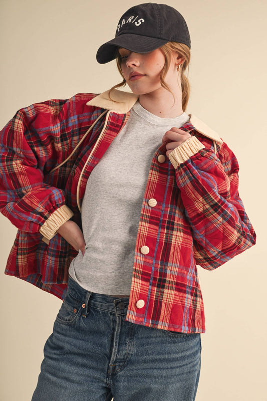 PLAID QUILTED JACKET WITH CONTRAST CORDUROY DETAIL MJK5248