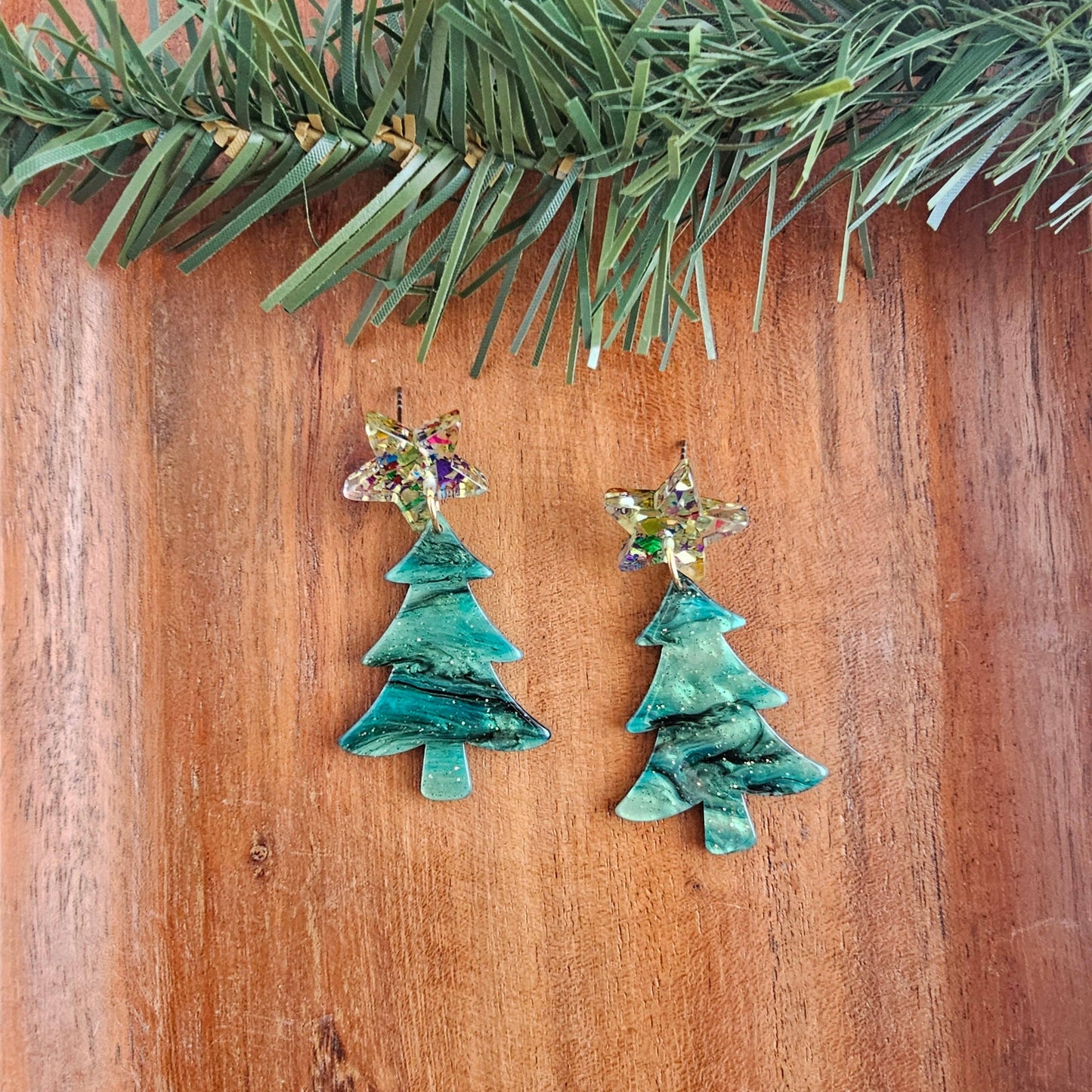 Star Christmas Tree Earrings - Green Shimmer // Holiday, Jewelry