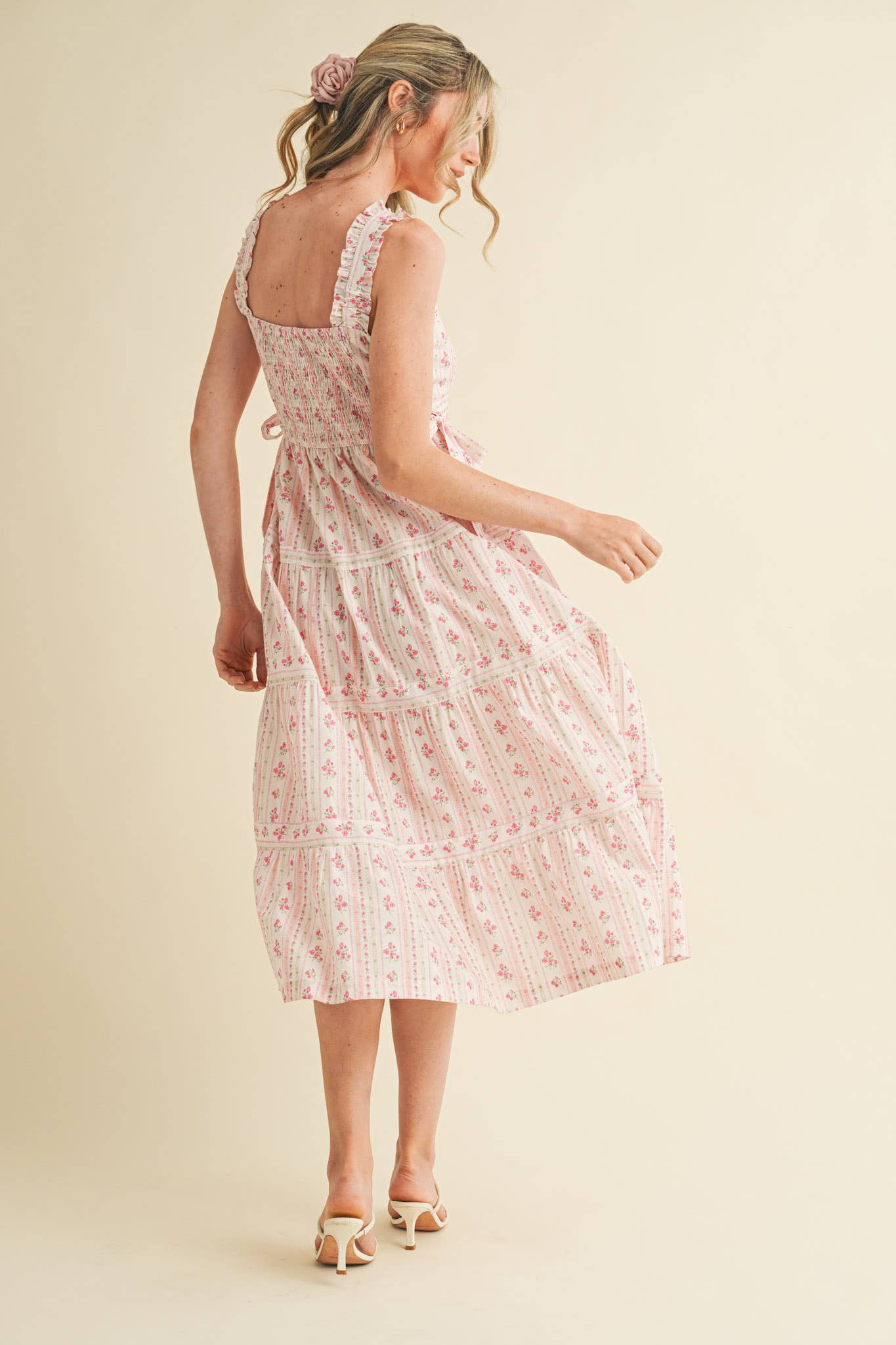 RUFFLED STRAP FLORAL MIDI DRESS WITH SIDE TYING BOWS MDR3586