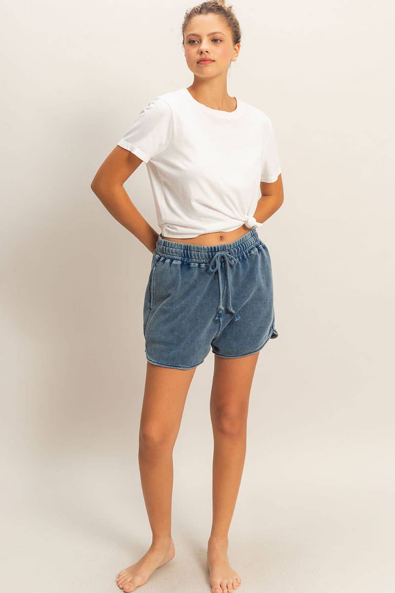 Acid Washed Elastic Waist Shorts