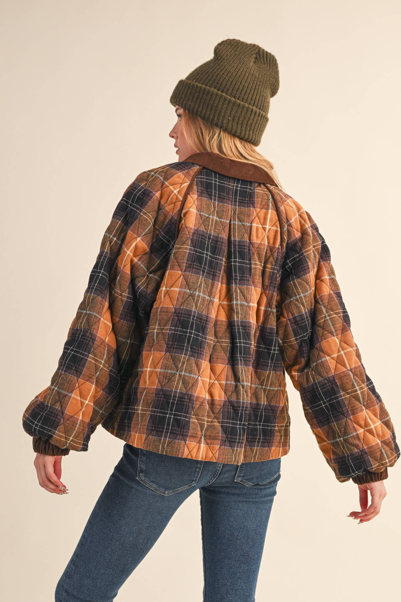 PLAID QUILTED JACKET WITH CONTRAST CORDUROY DETAIL MJK4115