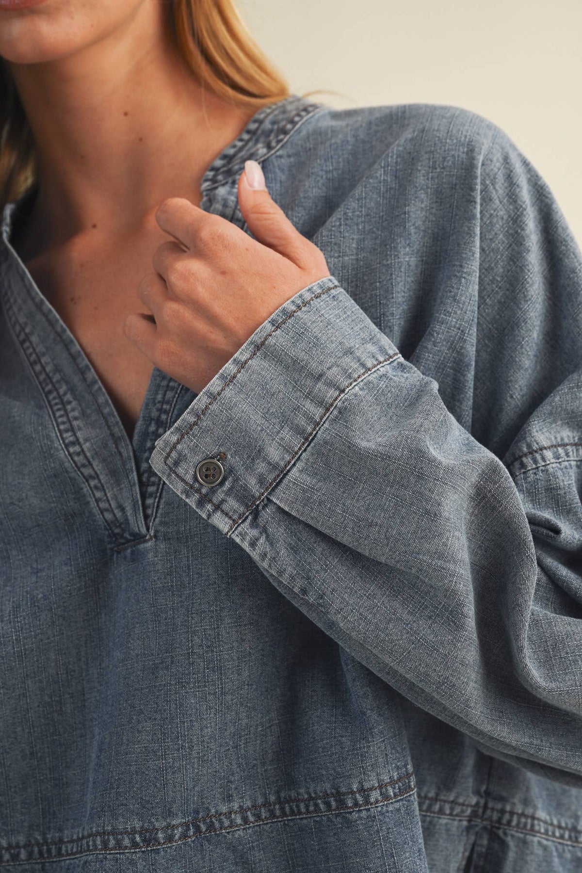 Split-Neck Frayed Edge Denim Blouse