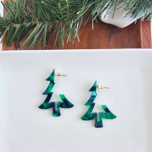 Christmas Tree Hoops - Dark Green // Christmas, Holiday, Jewelry, Earrings