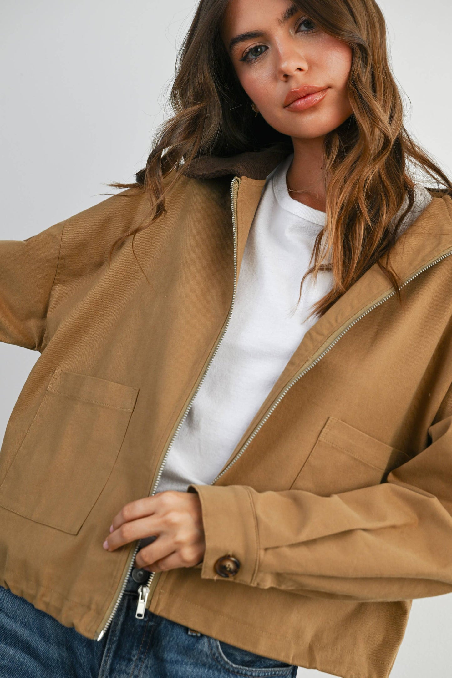 Collared Zip-Up Drawstring Jacket