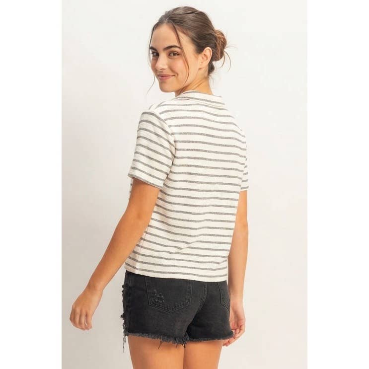 Striped Polo Neck Short Sleeve Top