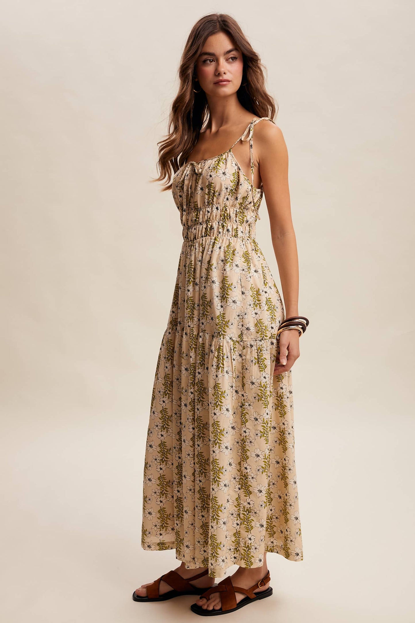 Floral Tie-Strap Smocked Maxi Dress LD1623