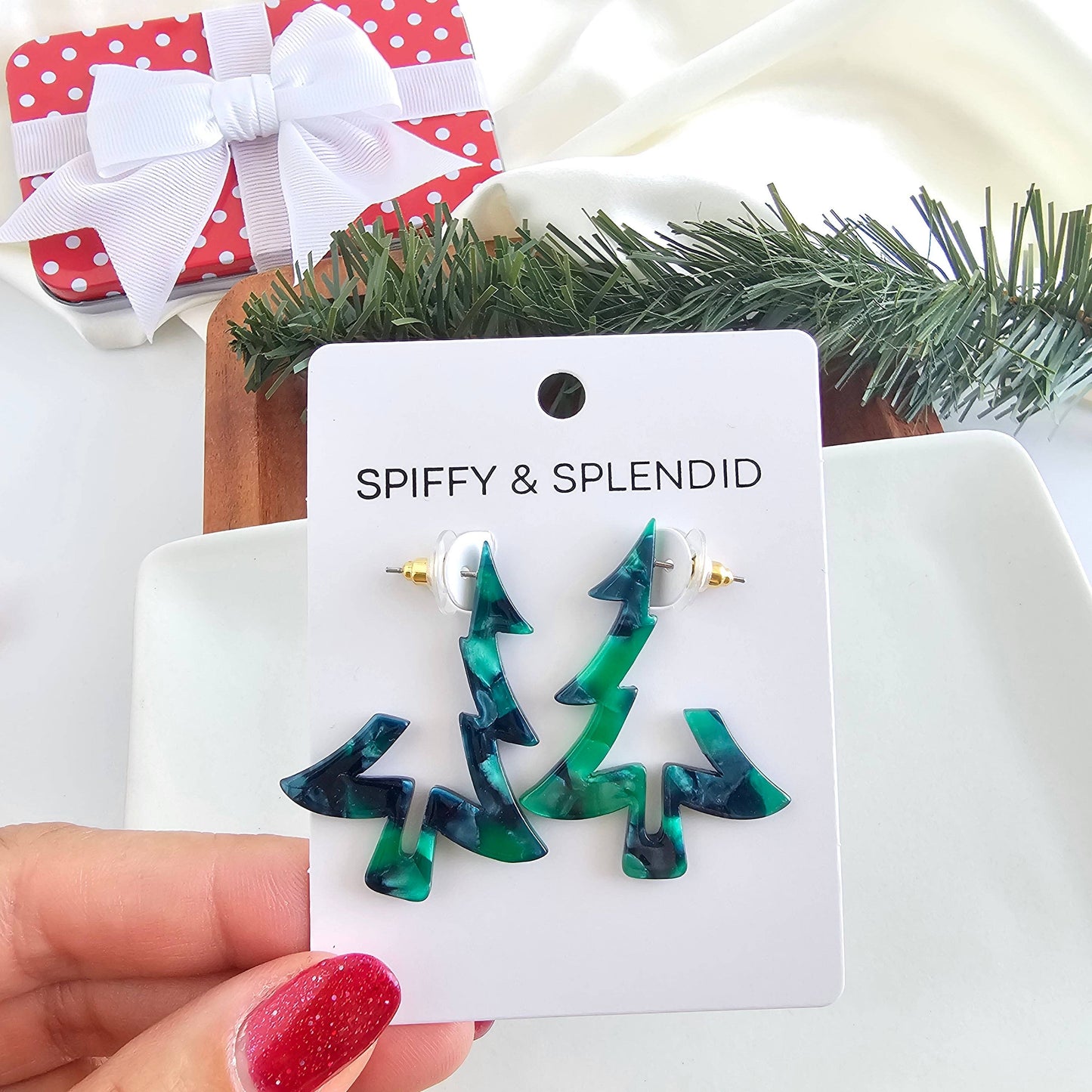 Christmas Tree Hoops - Dark Green // Christmas, Holiday, Jewelry, Earrings