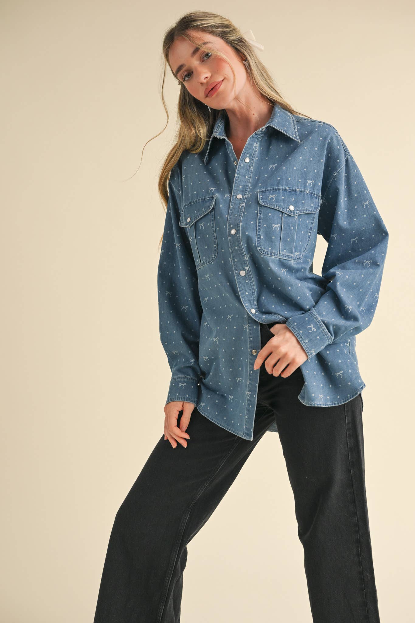 BOW PRINT OVERSIZED DENIM BUTTON DOWN TOP MTP3458