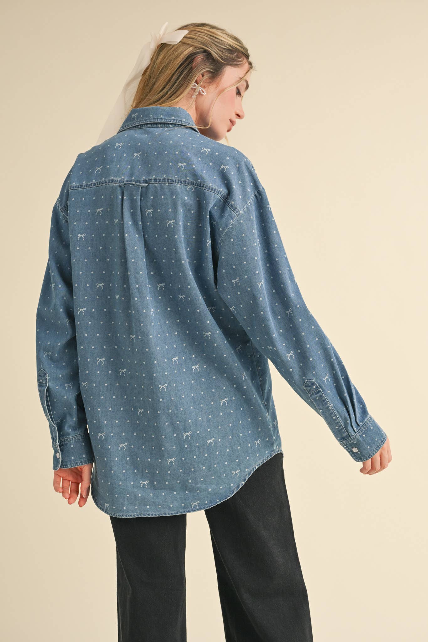 BOW PRINT OVERSIZED DENIM BUTTON DOWN TOP MTP3458