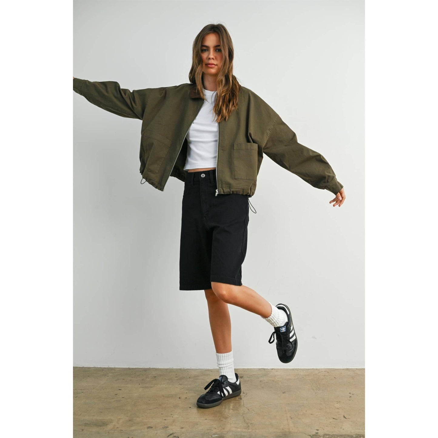 Collared Zip-Up Drawstring Jacket