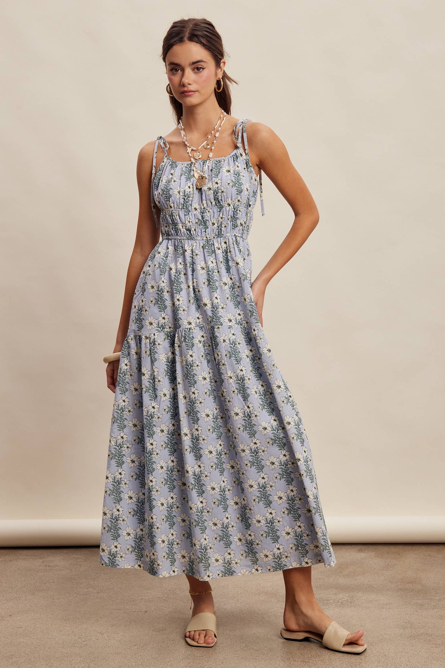 Floral Tie-Strap Smocked Maxi Dress LD1623