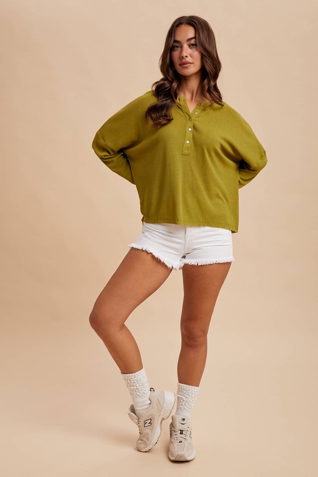 LONG SLEEVE HENLEY TOP WITH RAW EDGE HEM