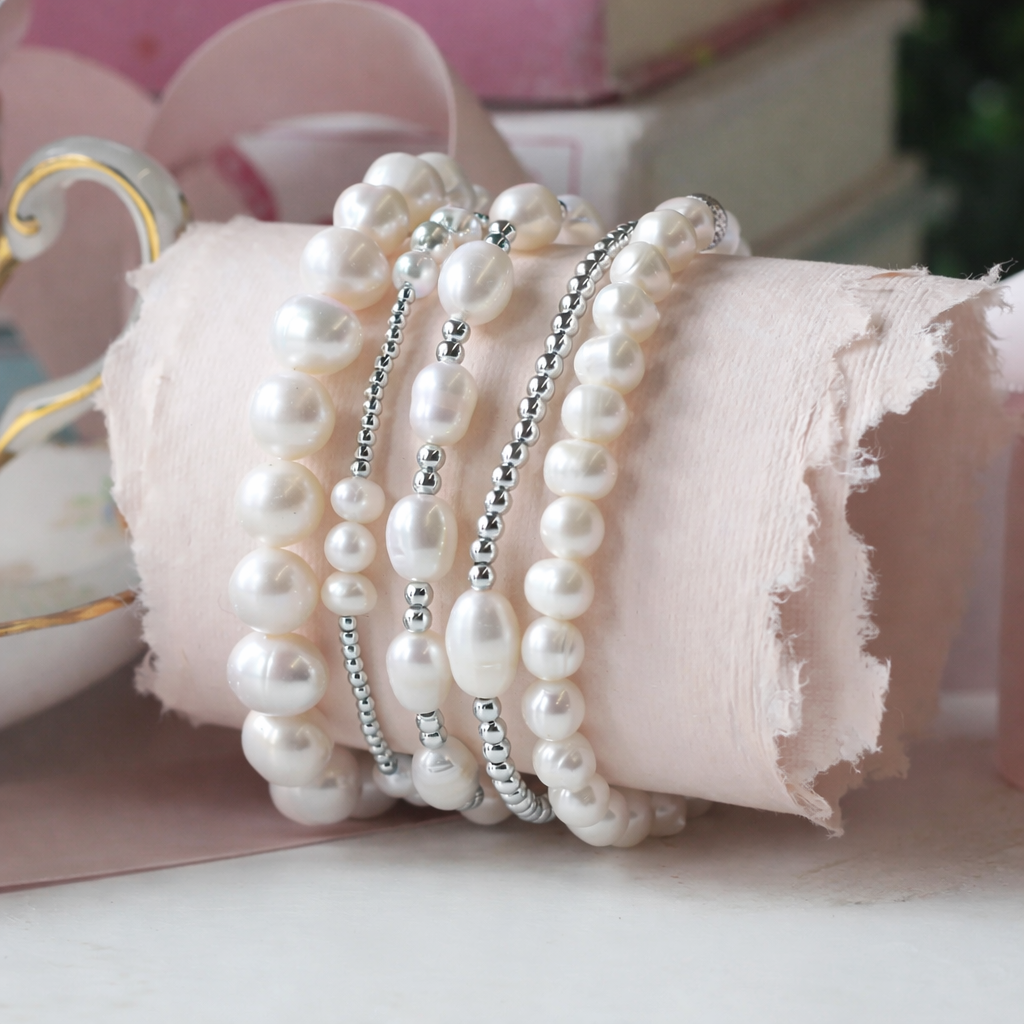 Trio Silver Plated Beaded Stretch Bracelet with Pearls