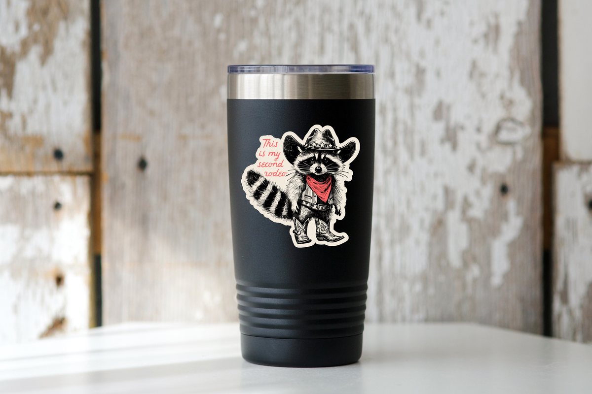 Second Rodeo Raccoon This is My Second Rodeo Sticker - raccoon, cowboy, western – Jollifrogs