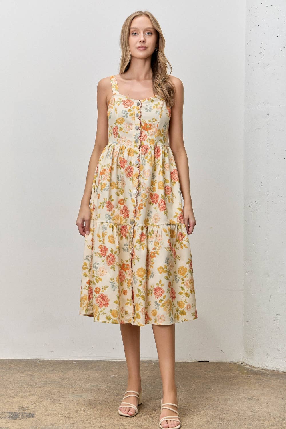 FLORAL PRINT SCALLOPED EDGE MIDI DRESS