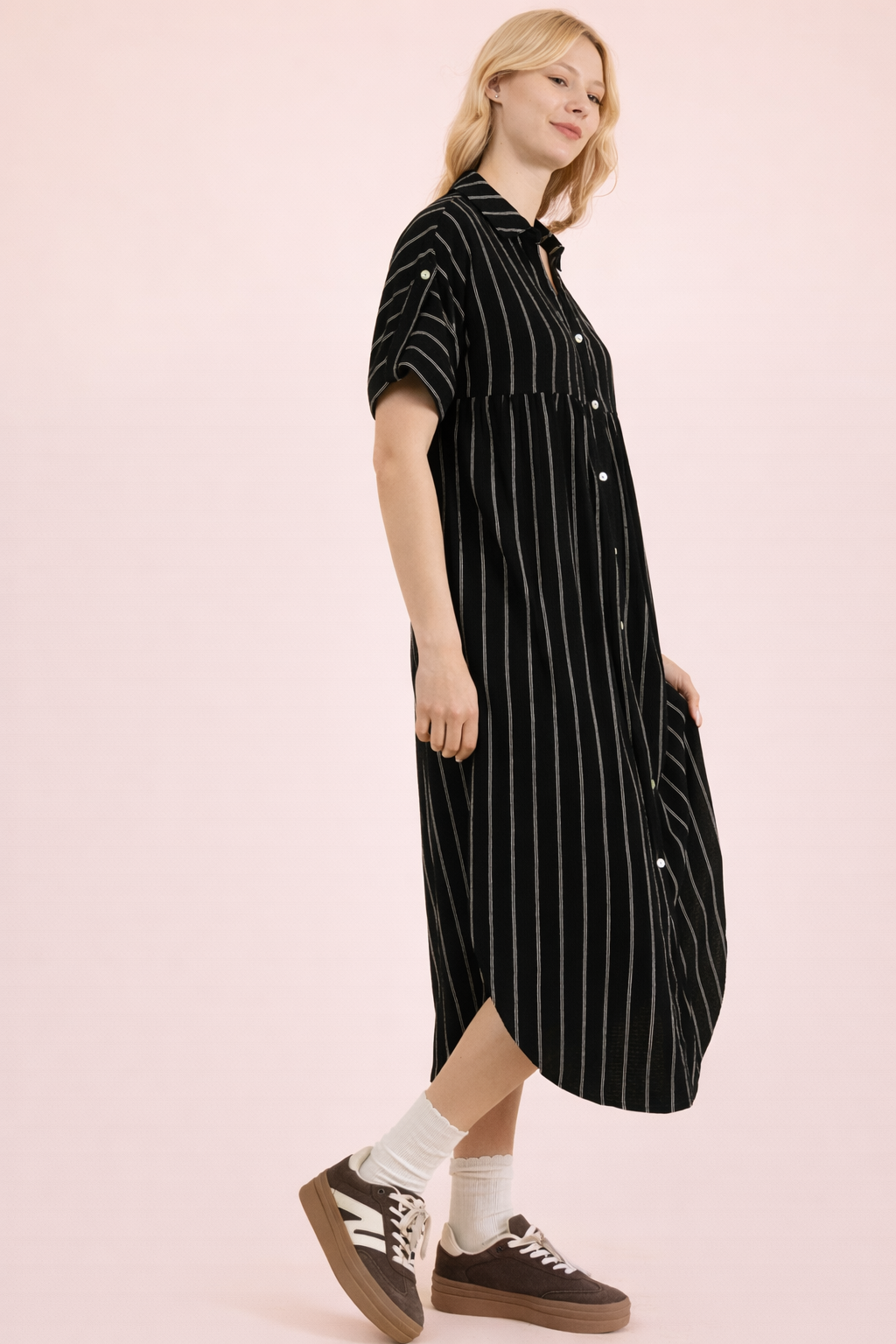 Striped Linen Midi Button Down Shirt Dress