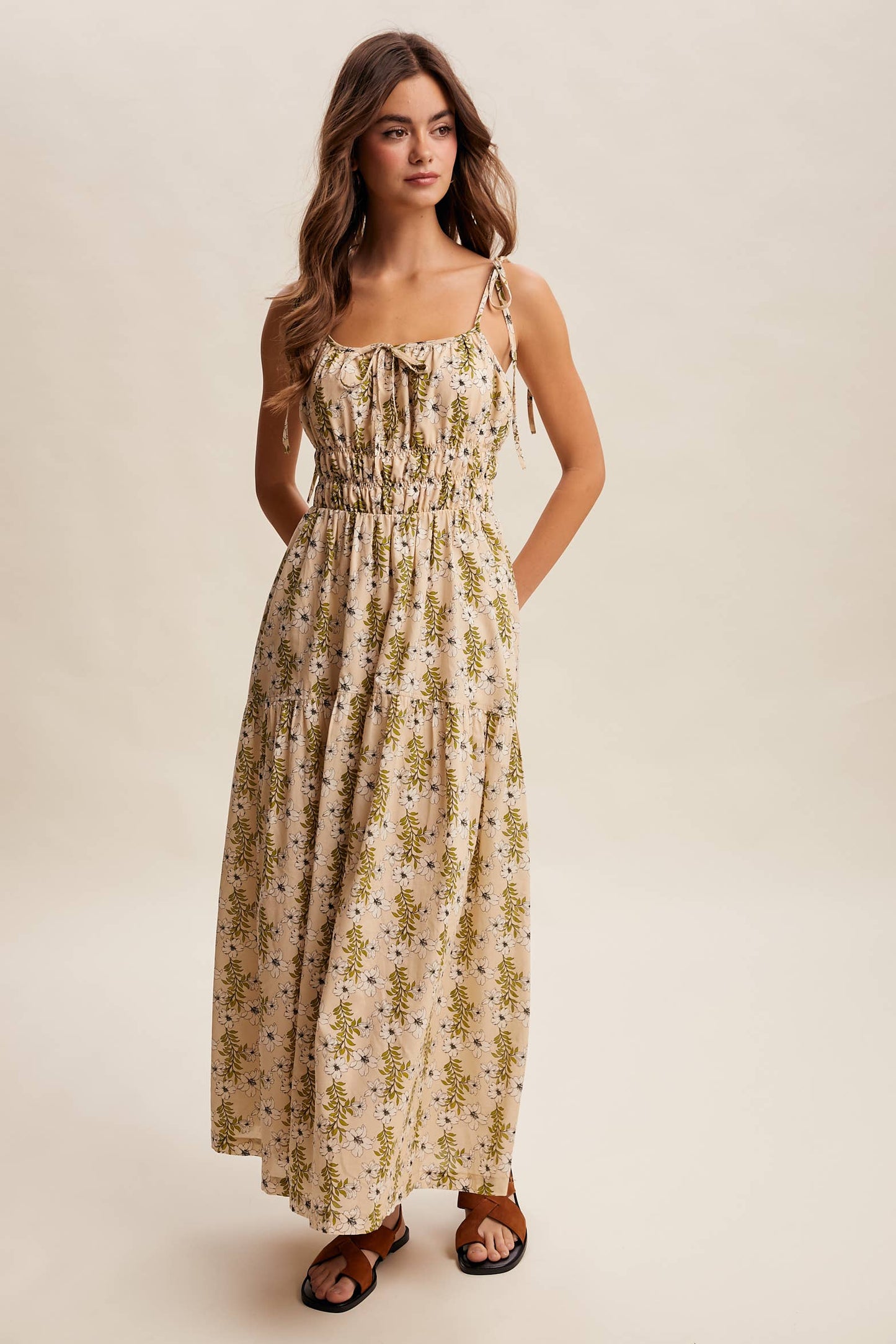 Floral Tie-Strap Smocked Maxi Dress LD1623