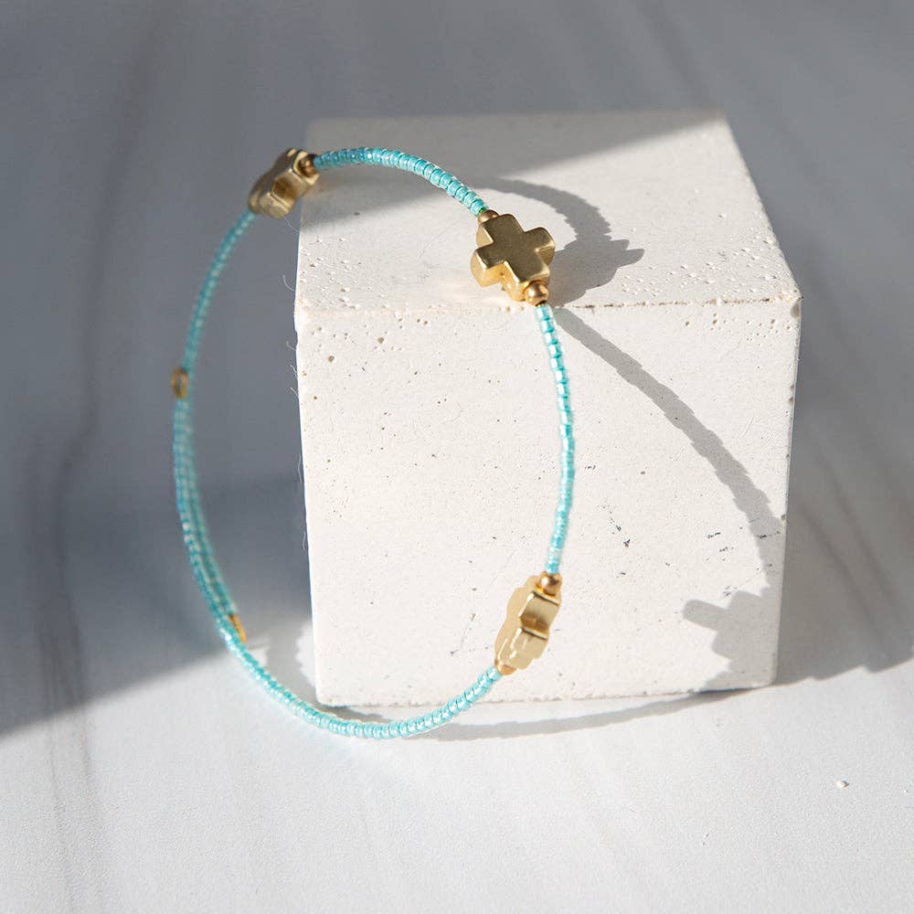 Faithful Beaded Cross Bangle w/ Matte Gold Crosses-Turquoise
