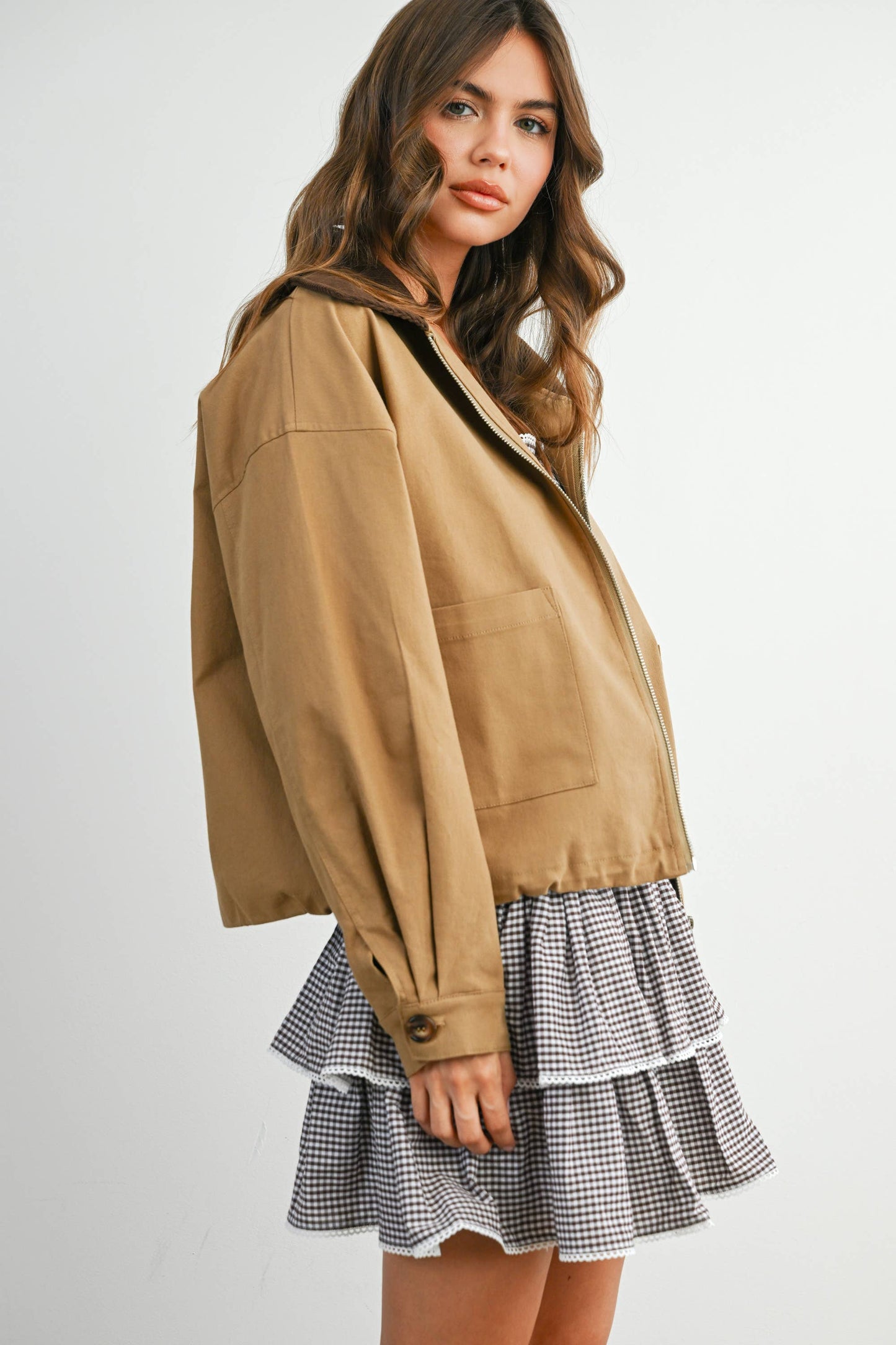 Collared Zip-Up Drawstring Jacket