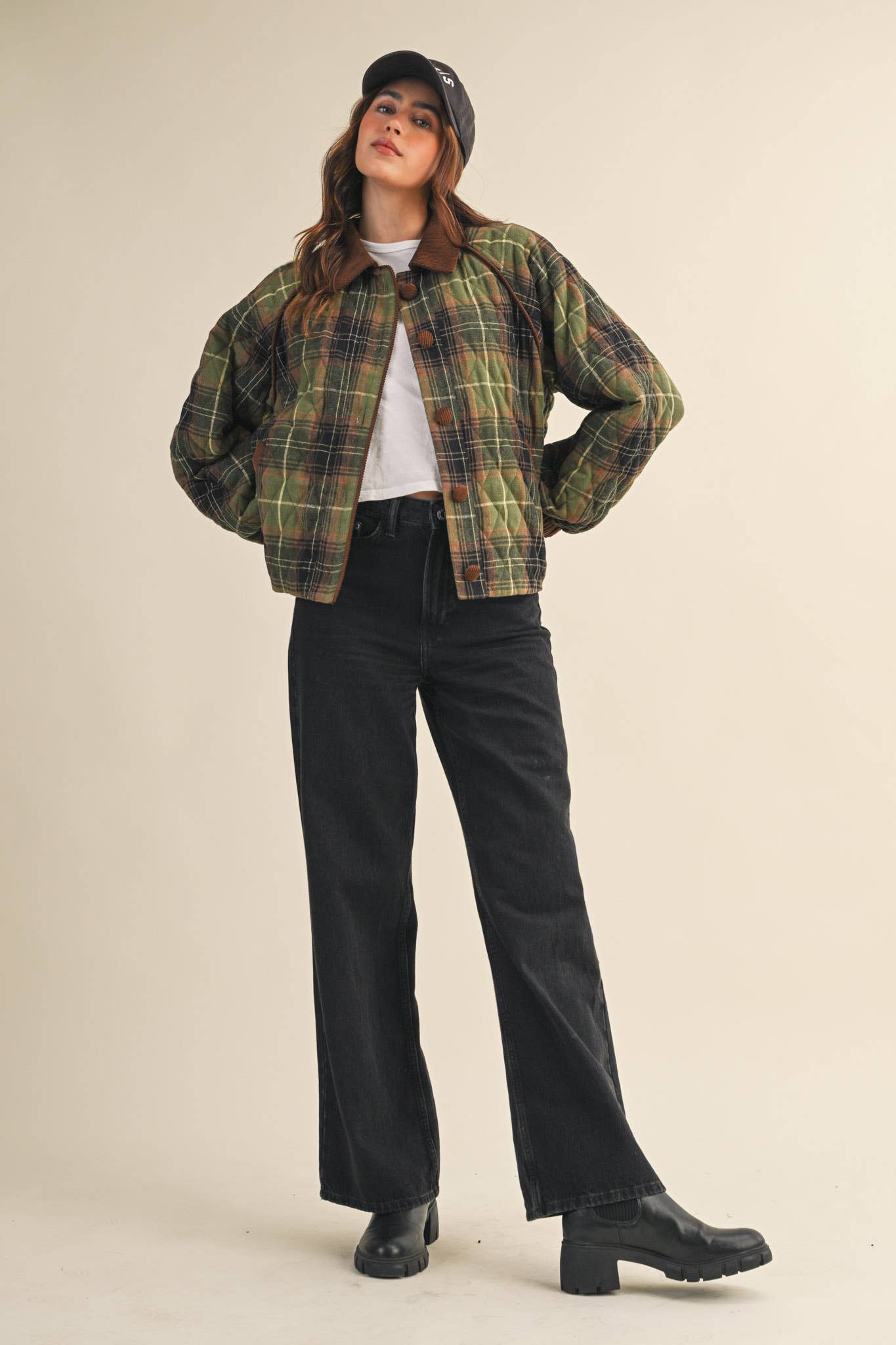 PLAID QUILTED JACKET WITH CONTRAST CORDUROY DETAIL MJK4115