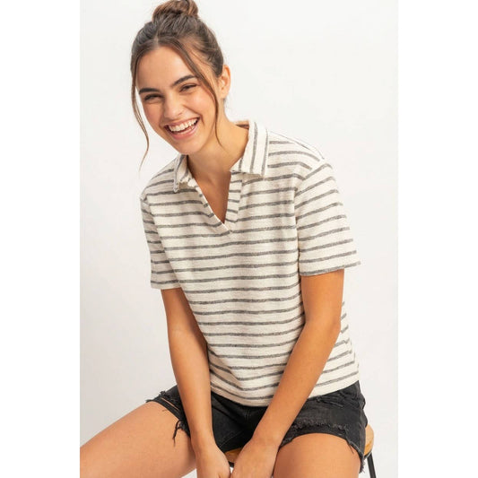 Striped Polo Neck Short Sleeve Top