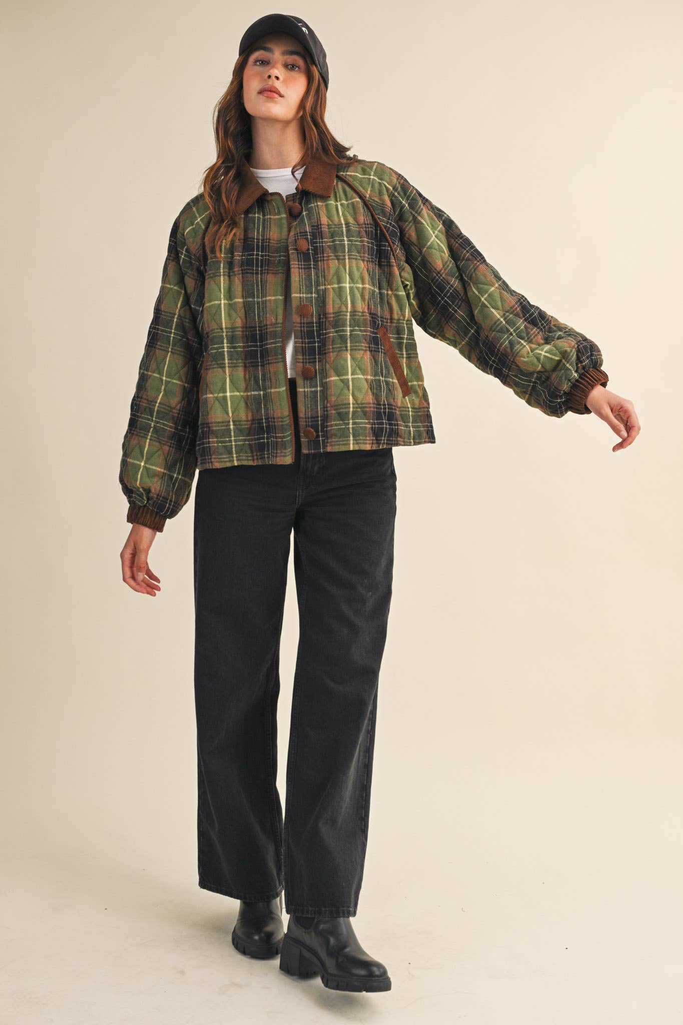 PLAID QUILTED JACKET WITH CONTRAST CORDUROY DETAIL MJK4115