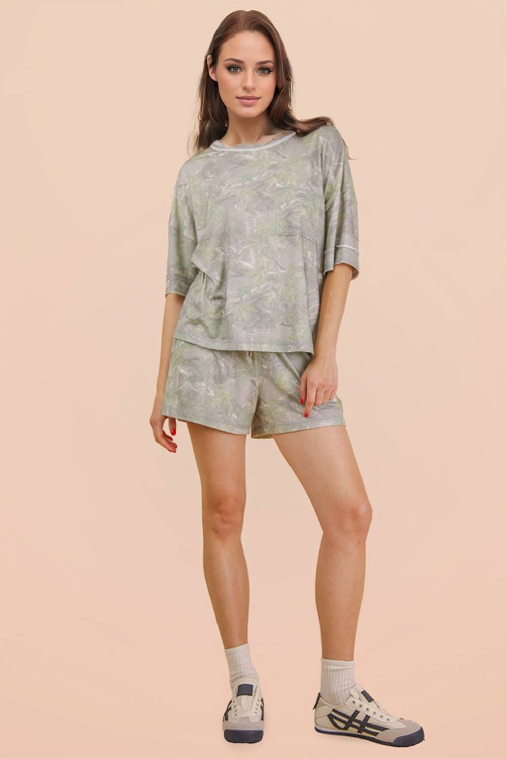 Camo Print Casual Knit Top & Shorts Set