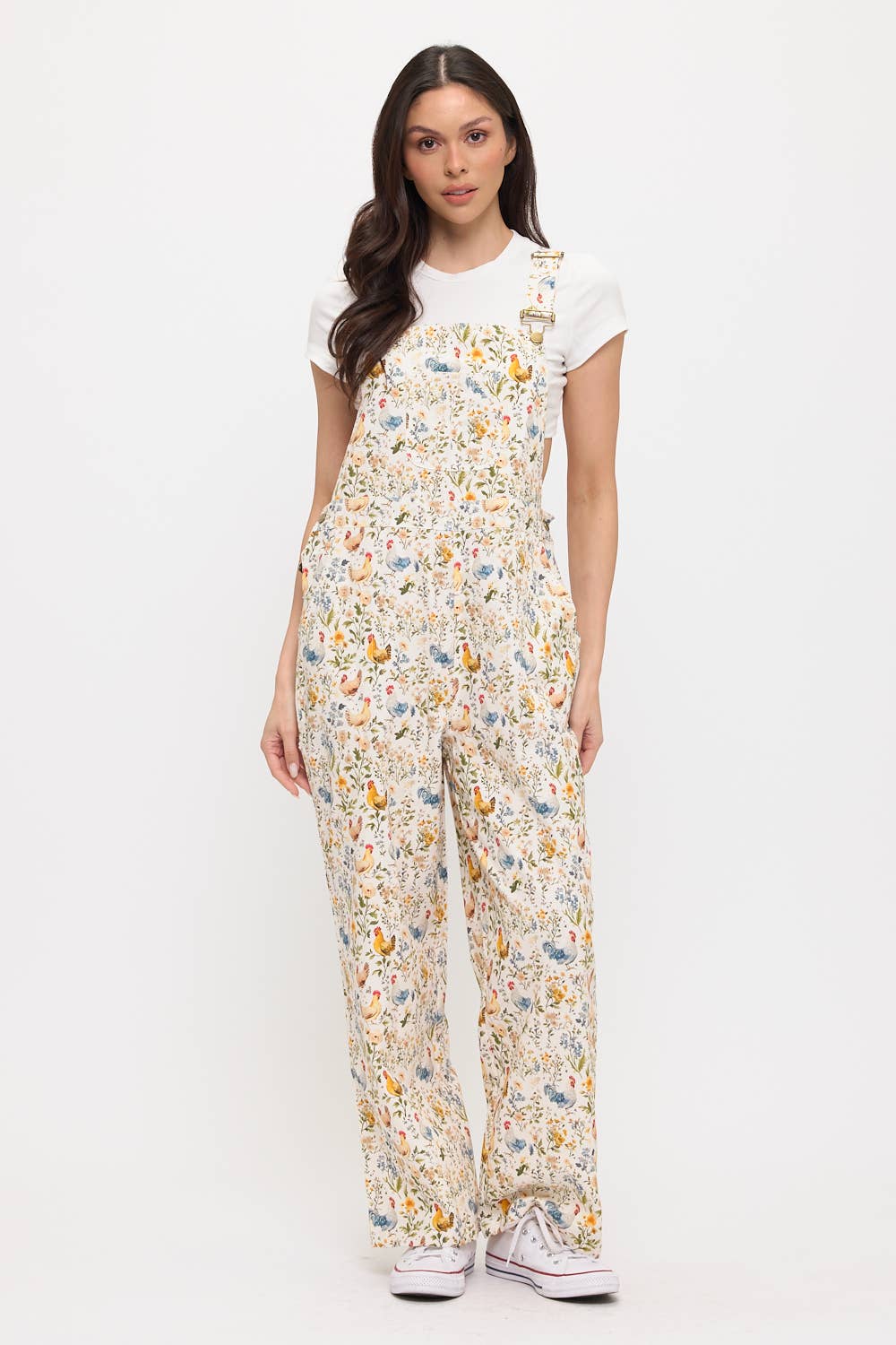 ROOSTER AND FLORAL PRINT OVERALLS