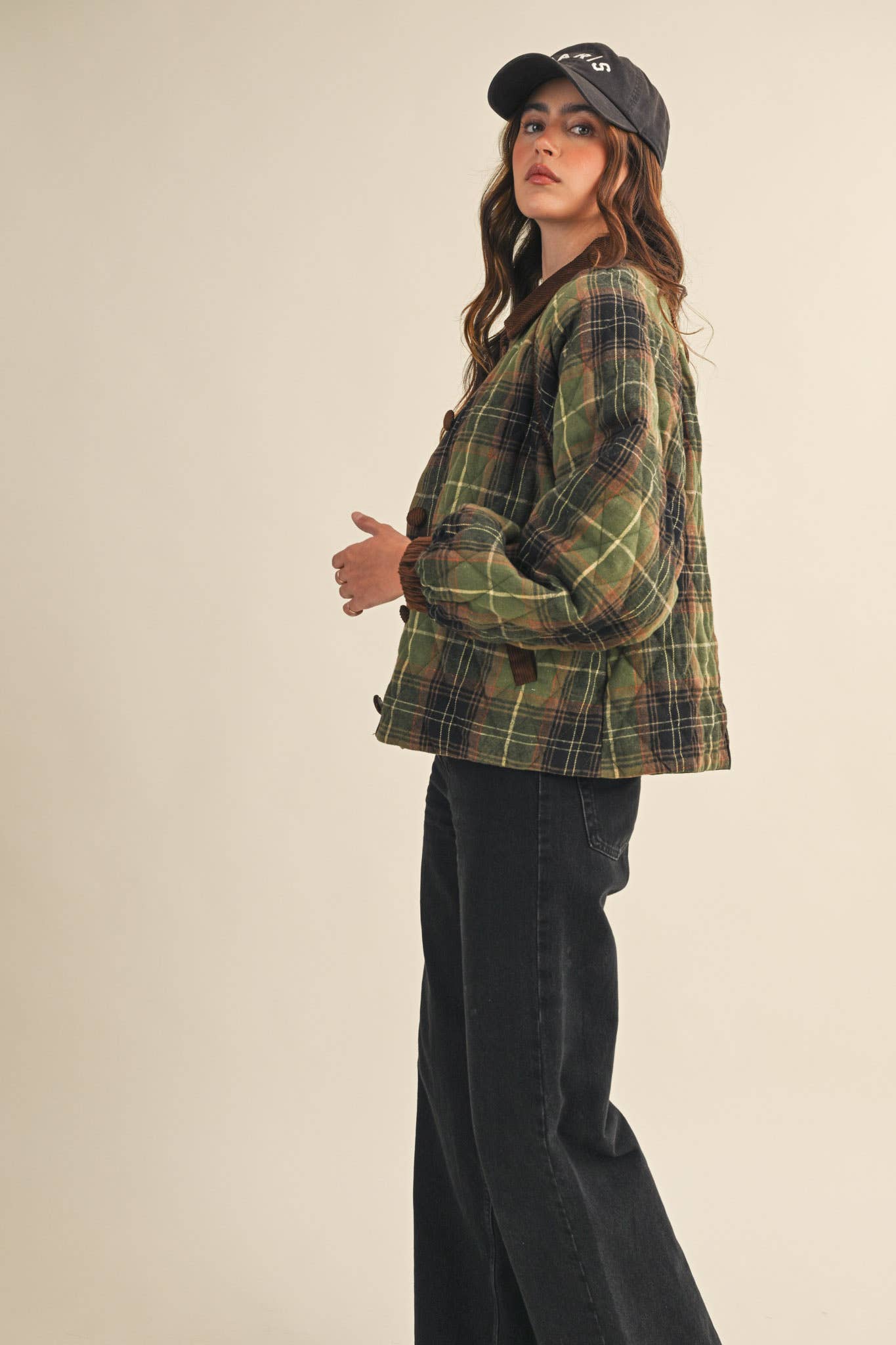 PLAID QUILTED JACKET WITH CONTRAST CORDUROY DETAIL MJK4115
