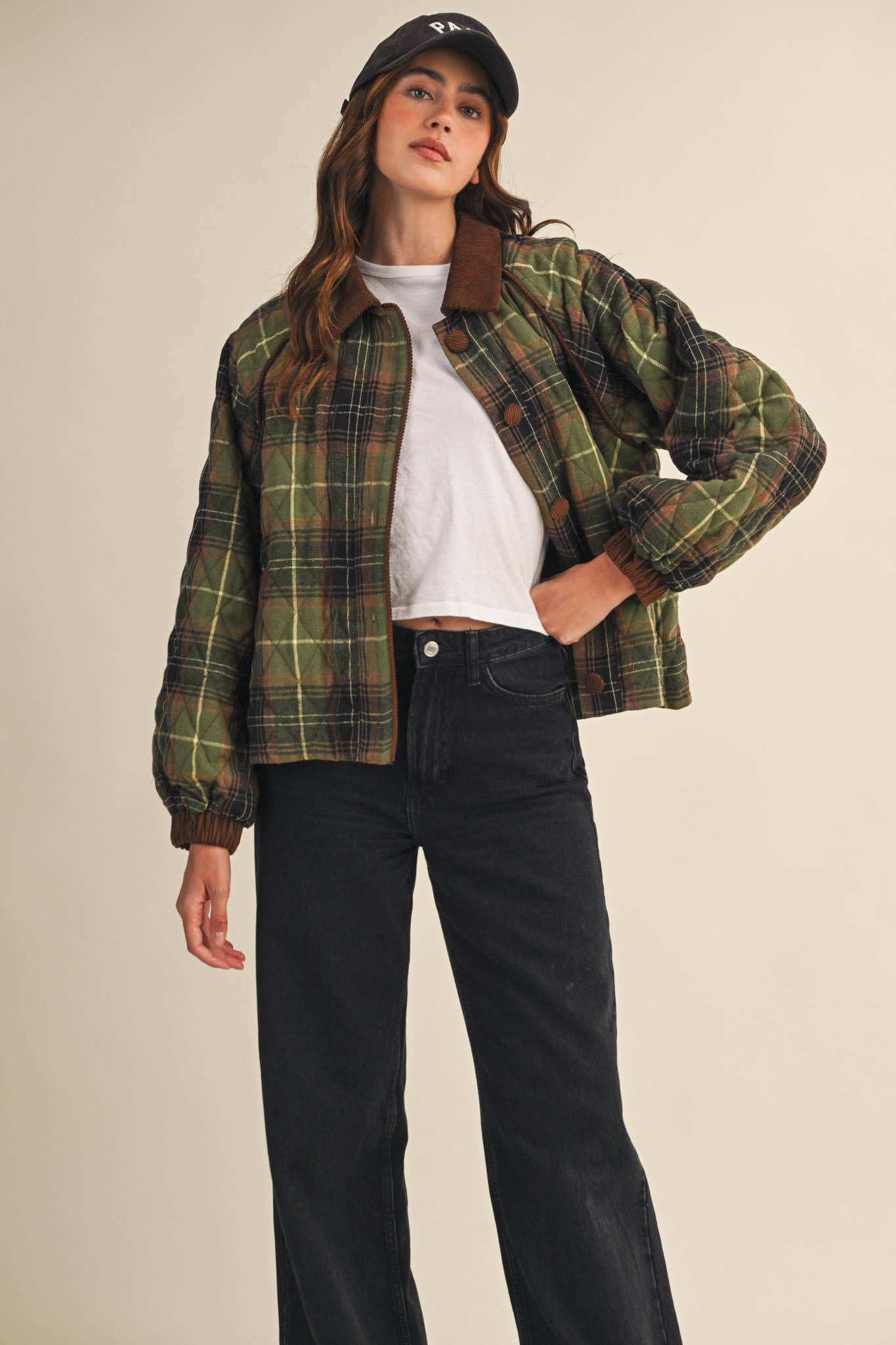 PLAID QUILTED JACKET WITH CONTRAST CORDUROY DETAIL MJK4115